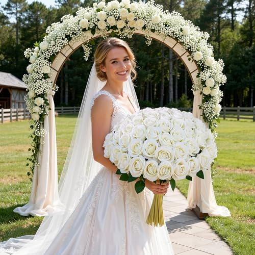 50 PCS Ivory Roses Artificial Flowers, Fake Roses with Stem Realistic Silk Roses for DIY Wedding Bouquets Tables Centerpieces Arrangements Baby Shower Birthday Home Decor Valentine's Day Gift for Her - color: Ivory