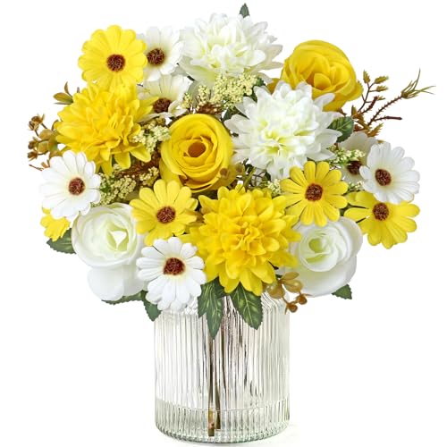 Dremisland Fake Flower Bouquets,2 Packs Silk Rose Daisy Bouquet Artificial Flower Arrangement Realistic Rose Bouquets for Centerpiece Table Wedding Party Bride Home Decor (White Yellow, 2 PCS) - color: White Yellow, size: 2PCS