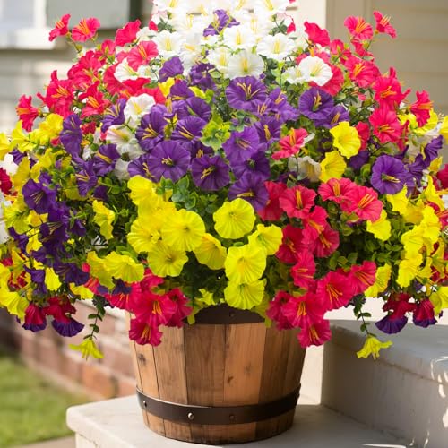Grunyia 16 Bundles UV Resistant Artificial Morning Glory Flowers - Faux Silk Plastic Fake Flowers with Green Foliage for Outdoor Indoor Porch Patio Planter Yard Garden Home Decor - color: Mix(white,yelow,,purple, Rose Red)