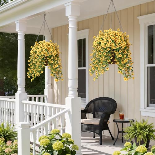 VIERENA 4 Bundles Artificial Hanging Morning Glory Flowers for Outdoor, Realistic Hanging Flowers Silk Fake Morning Glory with Faux Eucalyptus for Yard Garden Porch Patio Balcony Home Decor (Yellow) - color: Yellow