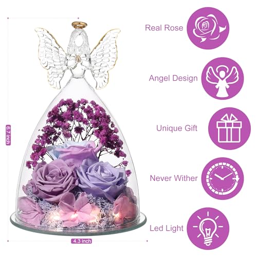 Mothers Day Rose Gifts for Women Preserved Real Flower in Glass Angel Figurines Roses for Delivery Prime Birthday Gifts for Mom Grandma Girlfriend Wife Her, Multi Purple - color: Multi Purple