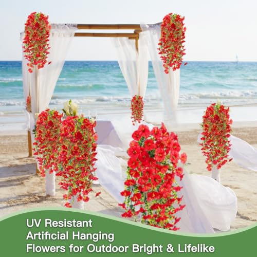 Artificial Flowers for Outdoors Fake Morning Glory Hanging Flower Decoration, 4 Pcs Realistic Faux Plants Petunias Trailing Vines, Spring Summer Decor for Porch Patio Balcony Planter Yard(Red) - color: Red, size: 4 Pcs