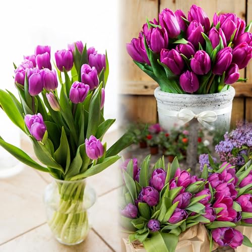 Sggvecsy 15 Pcs Fake Tulips Artificial Flowers Real Touch PU Faux Flowers Tulip Stems for Wedding Spring Bouquet Floral Arrangement Home Party Office Decorations for Mother's Day (Purple) - color: Purple, size: 15 Pcs