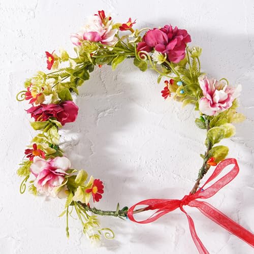 Red Rose Flower Headband, Adjustable Boho Bridal Floral Crown Headpiece, Fairy Forest Flower Crown for Women Girls Renaissance Birthday Bride Wedding Festivals Party Hair Accessories - color: Rose Daisy Red