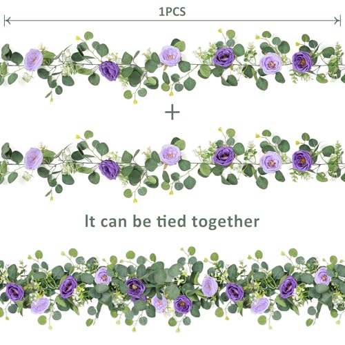 TOCHGREEN 4 Pack Artificial Eucalyptus Flower Garland with Purple Roses, Fake Rose Flower Greenery Garland Floral Vines for Wedding Home Party Table Runner Decor (Purple, 4PCS) - color: Purple, size: 4PCS