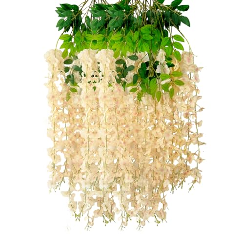 12 Pack Champagne Wisteria Hanging Flowers Garland, 3.77 Feet Artificial Flower Vines, Fake Wisteria, Artificial Vines Hanging Garland for Backdrop Outdoor Yard Garden Decor - color: Champagne, size: 12 PCS