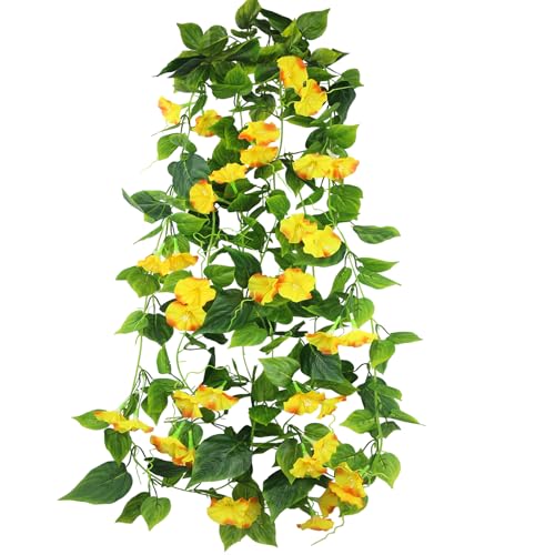 CISDUEO 2 Pcs Artificial Vines Silk Morning Glory Vines for Outdoor 15Feet Hanging Plants Garland Yellow Fake Green Plant Morning Glories for Home Decor Wall Fence Stairway Wedding Hanging Baskets - color: Yellow