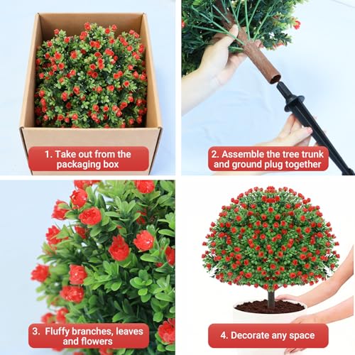 Artificial Topiary Rose Set of 2, Boxwood Ball with Ground Spike | Low Faux Flowers Artificial Plants, Shrub Bushes for Porch, Fake Ball Trees for Outdoor Planters Indoor Decor - color: Rose