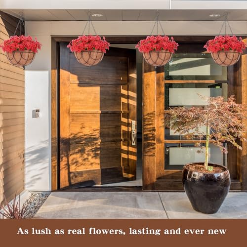 Beeveer 2 Pack Artificial Hanging Flower Basket for Outdoor Decoration Faux Orchid Hanging Plants with Coconut Lining Basket Fake Arrangement for Porch Courtyard Decor(Red, 2 Pack) - color: Red