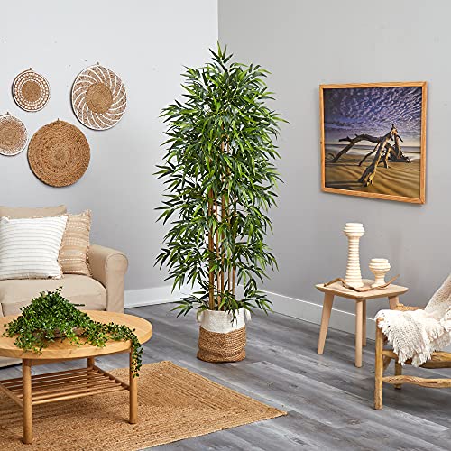 Nearly Natural 75in. Bamboo Artificial Tree in Handmade Natural Jute and Cotton Planter, Green