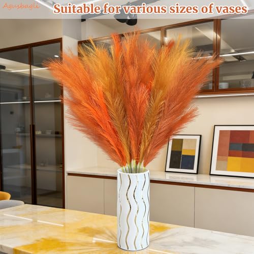 Agusbagli 8 Pcs Orange Faux Pampas Grass Decor 35“ Fluffy Fall Artificial Colored Pampas Grass Large Fake Pompous Grass Stems Tall Flower Arrangement Floor Vase Filler for Home Wedding Boho Decor - color: Orange & Caramel & Apricot