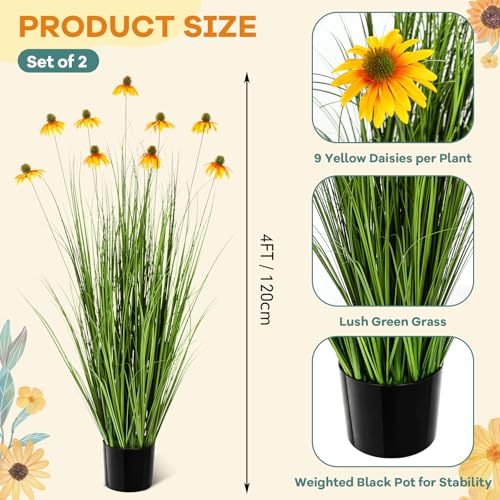 Jexine 2 Pack 4ft/47inch Artificial Grass Plant Outdoor Artificial Greenery Grass in Pot with Fake Daisy Flowers for Spring Room Office Indoor Outdoor Decor Housewarming Gifts - color: Yellow Daisy, size: 4ft