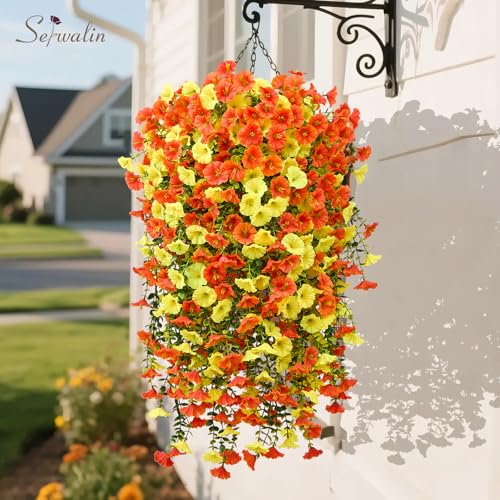 Serwalin Artificial Hanging Flowers for Outdoors Decoration, 4PCS UV Resistant Silk Artificial Fake Plants Outdoor for Porch Patio Balcony Indoor Planter Yard Decor (Orange&Yellow,4PCS) - color: Orange&yellow