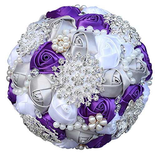 Sharebeauty 7.9 Inch Handmade Satin Rose Bridal Bouquet Toss Round Wedding Bouquet Throw Toss Artificial Flower Bunch Silver + Purple + White - color: W3217d07 Silver/Purple/White