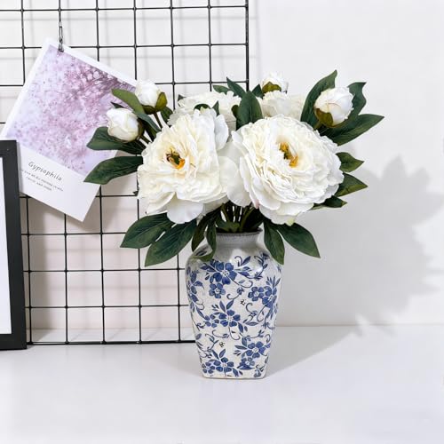 4 PCS Premium White Peonies Artificial Flowers,19.2’’Fake Faux Silk Peonies for Centerpieces Wedding Home Decor (4, White) - color: White