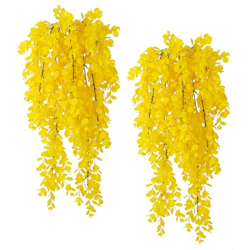 RECUTMS 4Pcs 29.9 Inches Fake Hanging Eucalyptus Plants UV Resistant Plastic Yellow Artificial Greenery for Indoor Outdoor Home Room Garden Farmhouse Front Porch Wedding Arch Patio Party Decoration - color: Pure Yellow 1