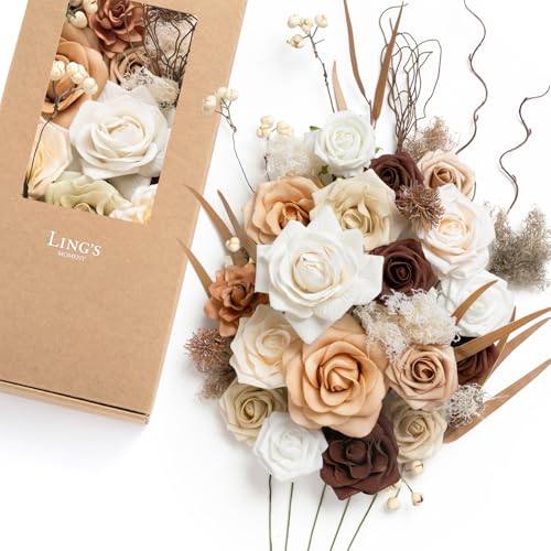 Ling's moment Fake Flowers Box, Faux Artificial Greenery Stems Foam Roses Gardenia Silk Willow Fabic Flower for Centerpieces Bouquet Wedding Vase Decorations, Sand Beige & Walnut Brown, Deluxe Combo - color: Beg-sand Beige & Walnut Brown, size: Deluxe