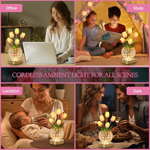Tulip Table Lamp, Rechargeable Cordless Crystal Night Light, 3 Colors Touch Stepless Dimming Artificial Flower Light, LED Flower Bedside Lamp Romantic Gifts for Girl Women Mom (Tulip2 - Pink) - color: Tulip2 - Pink