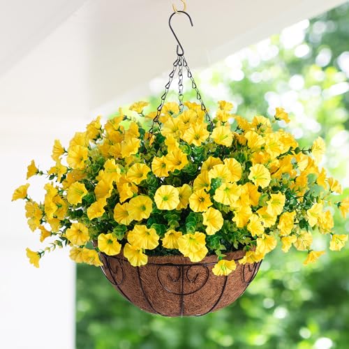 Artificial Fake Hanging Flowers Plants Baskets for Spring Outdoors Decor, Faux Silk Morning Glory in Planter UV Resistant Realistic Outside Flowers for Outdoor Porch Patio Balcony Yard Home, Yellow - color: B Yellow