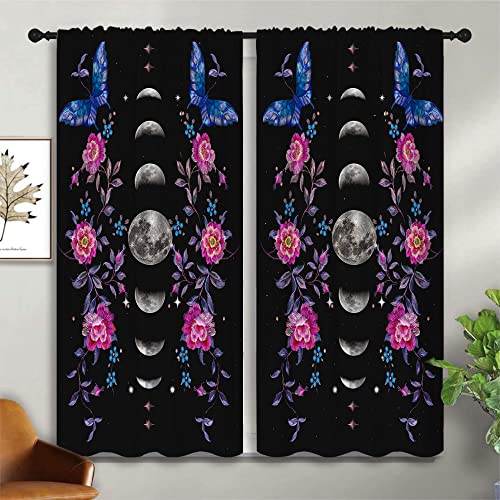 Boho Flower Blue butterfly Rod Pocket Blackout Curtains for Boy Girl Bedroom,Moon Phase Moonlit Garden Witchy Gothic Aesthetic Thermal Insulated Home Window Drapes for Living Room Darkening,42x45in - color: Boho Flower Blue Butterfly-005, size: 42"W x 45"