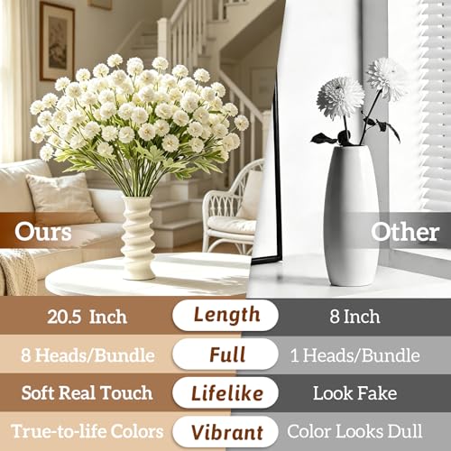 8pcs Ivory Fake Flowers Silk Pompon Mum Artificial Flowers,Mini Artificial Chrysanthemums with Stems,Faux Flowers For Vase,for Wedding Centerpieces, flower arrangements, vase fillers, and home decor - color: Ivory