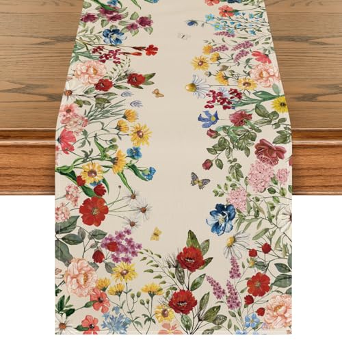 Artoid Mode Plants Floral Butterfly Valentine's Day Table Runner, Anniversary Wedding Kitchen Dining Table Decoration for Home Party Decor 13x72 Inch - size: 13" x 72", Table Runner