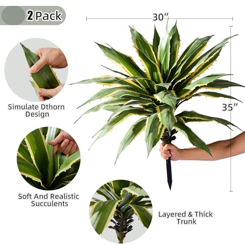 Artificial Agave Plant Fake Agave Planters for Indoor Outdoor Faux Agave Plants Real Touch Realistic Greenery for Home Living Room Office Bathroom Garden Front Porch Patio Decor (29inch-2 Pcs Yellow) - size: 29inch-2 Pcs Yellow