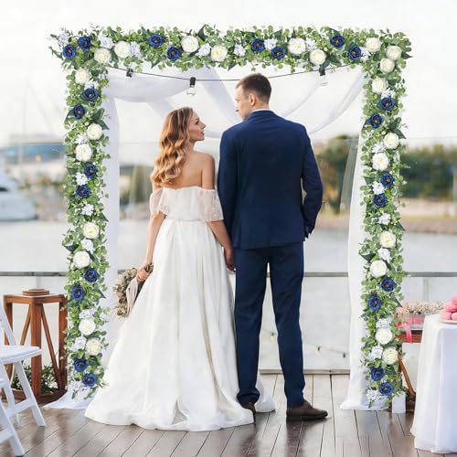 Betylifoy 2 Pack 6.2Ft Blue White Flower Garland Artificial Eucalyptus Flower Garlands Fake Peony Rose Floral Vines Silk Hydrangea Hanging Vine Greenery Garland for Wedding Party Table Backdrop Decor - color: Blue&white
