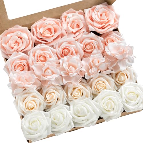 Ling's moment Artificial Flowers Fake Roses Faux Foam Gardenia Combo for DIY Wedding Bouquets Centerpieces Arrangements Bridal Shower Party Home Decorations, Blush & White, 24pcs - color: Pk-blush & White