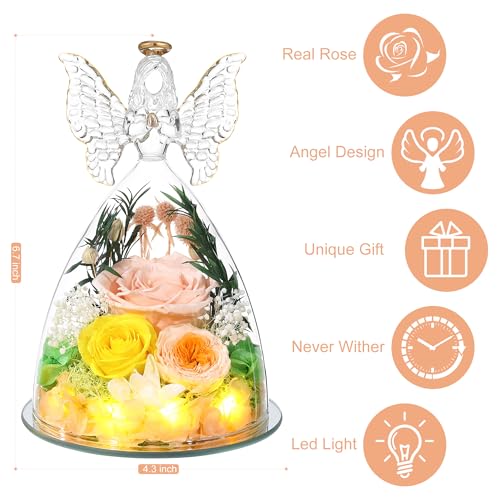 Mothers Day Rose Gifts for Women Preserved Real Flower in Glass Angel Figurines Roses for Delivery Prime Birthday Gifts for Mom Grandma Girlfriend Wife Her, Champagne Austin Roses - color: Champagne With Austin Roses