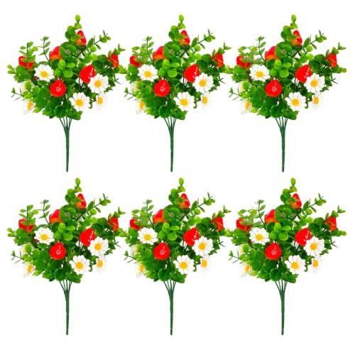 6 Pcs Artificial Strawberry Branches, Artificial Eucalyptus Flower Stems with Berries, Faux Greenery Daisy Picks for Vase Wreath Wedding Home Decor - color: Red White