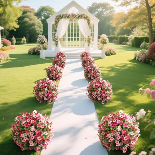 momoplant Artificial Boxwood Topiary Ball Tree with Mum Flowers 24” Tall Faux Plant with Ground Spikes Set of 2 Fake Flower Bushs for Farmhouse Porch Home Garden Decor - size: 2 Pcs with Spike（Red&Pink）