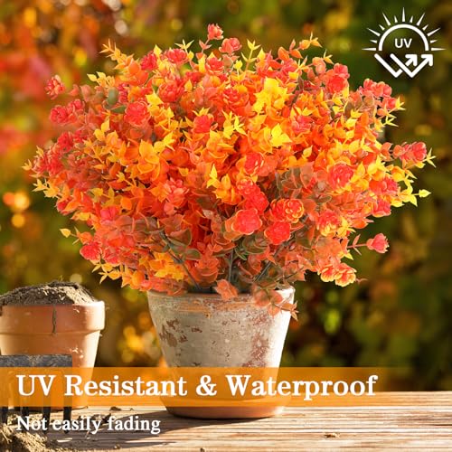 AGIRL 12 Bundles Artificial Fall Flowers Outdoor Indoor Decoration,No Fade Autumn Fake Plastic Plants with Eucalyptus Leaves,Faux Mums for Thanksgiving Garden Front Door Porch Patio Fall Decor - color: Orange Eucalyptus, size: 12