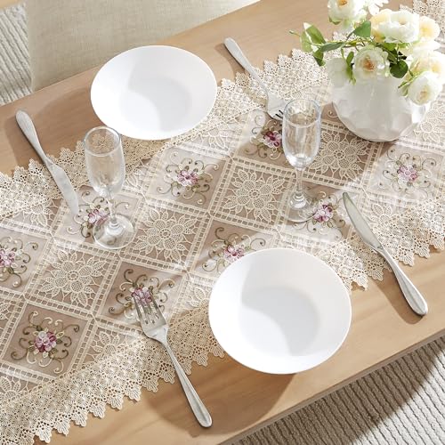 LINENZONE Gold Farmhouse Table Runner with Flower Design. 72 Inch Dining Table Runner for Holiday or Wedding Decor. (Viola 16 x 72, Linen) - color: Linen, size: 72" x 16" (Rectangular)