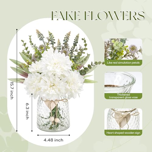 Der Rose Fake Flowers in Vase Silk Artificial White Flowers Arrangements with Glass Vase for Dinning Coffee Table Centerpieces Home Kitchen Farmhouse Wedding Decor - color: White