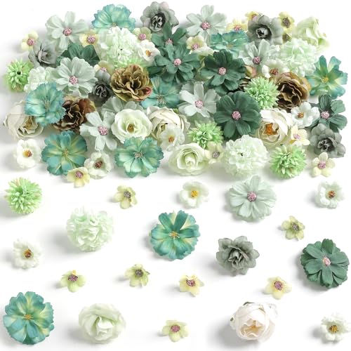 rongflower Faux Flower Heads Mini Green Artificial Flower Heads Fake Peony Daisy Rose Flowers Multicolor Small Silk Daisy Flower Heads for Craft Garland Wedding Party DIY Home Decoration,2-4 cm - color: Green