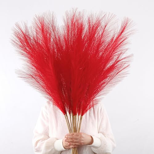 12 Pcs Red Faux Pampas Grass Decor 38"/3.1FT Tall Fake Pompas Floral Large Artificial Pompous Grass Branches Plants for Floor Vase Filler Home Boho Decoration - color: Red