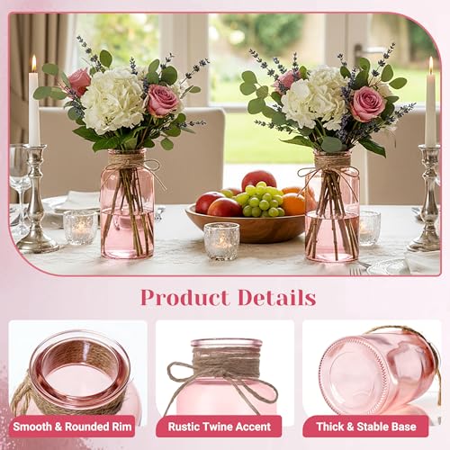 Glass Flower Vases for Centerpieces Boho Cylinder Bud Vases in Bulk Mason Jars for Weddings, Parties & Vintage Home Farmhouse (6, Pink) - color: Pink
