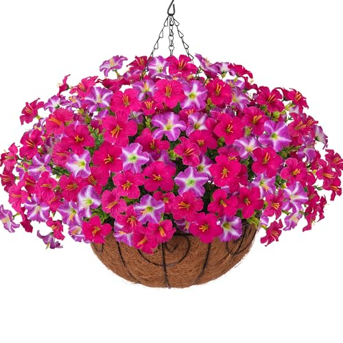 INSPRING Artificial Hanging Flowers for Outdoors Baskets Fake Plants Outdoor Decoration, UV Resistant Faux Silk Morning Glory in Planter Look Real for Outside Patio Porch Balcony Garden Home Decor - color: Mix Fuchsia