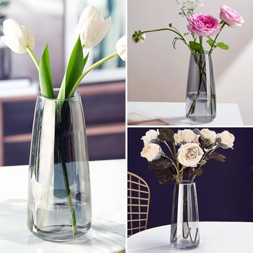 Crystal Clear Glass Vase, Flower Vase for Table Centerpiece Home Decor, Modern Vases for Living Room, Wedding, Office, Coffee Table, Birthday Housewarming Gift, 8.3inch (Gray) - color: Gray
