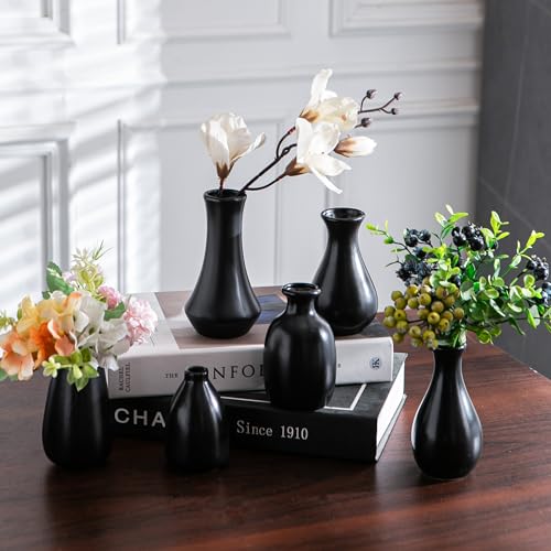 Black Ceramic Bud Vase Set of 12 Glossy Modern Flower Vases | Elegant mini ceramic vases for home decor, wedding centerpieces, dining tables, shelves and modern interior styling - color: Black - 12 Pcs