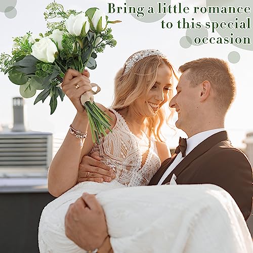 Set of 8 Bridesmaid Bouquets 7 Inch White Wedding Bouquets Faux Flowers Rustic Fake Floral Centerpieces for Bridal Marriage Proposal Party Anniversary Dining Table Ceremony (Eucalyptus)