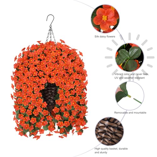 Artificial Fake Hanging Flowers Plants Baskets for Outdoor Outside, Faux Silk Orange Daisy Mums Trailing Vines in Planter Realistic UV Resistant for Balcony Porch Decor - color: Orange