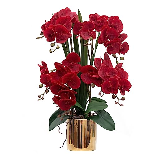 CXGS Artificial Orchid Flower Plants Real Touch Faux Orchids in Ceramic Vase 20.9'' Red Phalaenopsis Orchid Fake Flower Arrangement Home Indoor Decor - color: Red- Golden (12cm)