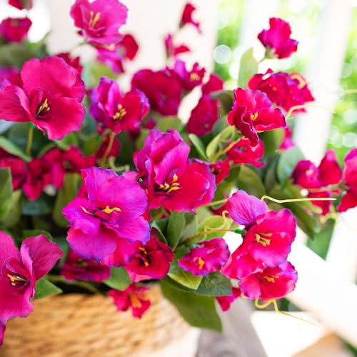 Hoppwodd Hibiscus Artificial Flowers for Outdoors Spring Decoration, 6 Bundles Faux Silk Flowers UV Resistant Look Real Artificial Tropical Flower Fake Plants for Outside Planter Porch Patio, Fuchsia - color: Fuchsia