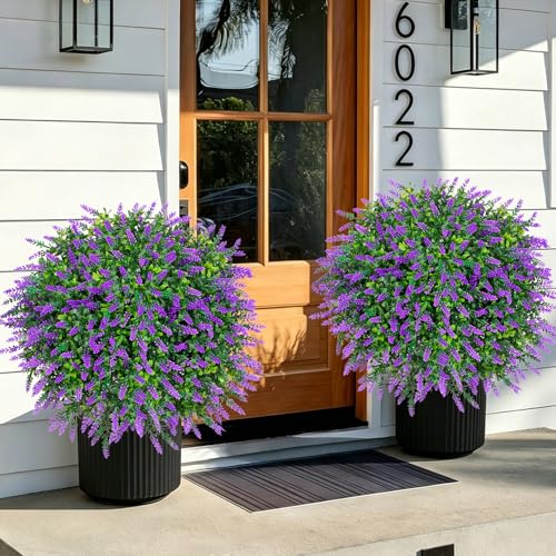 2PCS Faux Boxwood Plants Outdoor Artificial Topiary Ball Trees | Fake Lavender Bush & Shrub / UV Resistant / No Fade / Sturdy Build / No Maintenance / with Spike / Front Porch Decor - color: Lavender