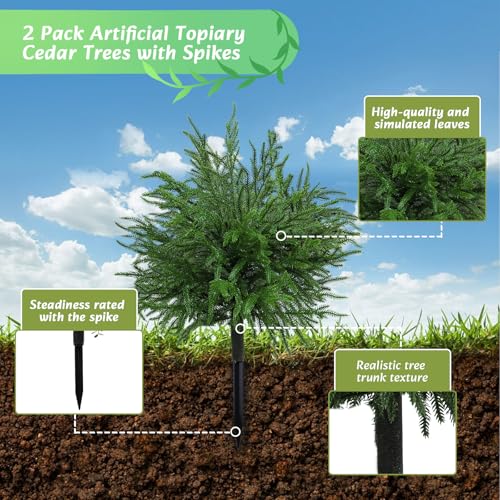 Bdor 24" Artificial Norfolk Pine Topiary Bush with Ground Stake, UV Resistant Fake Pine Shrubs for Outdoors, Weatherproof Faux Greenery Plants for Garden, Patio, Yard, 2 Pack - style: norfolk