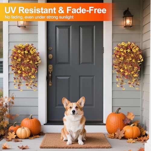 Fall Decor Artificial Flowers for Outdoor Decoration, 4Pcs Fake Hanging Flowers Mums Silk UV & Fading Resistant, Artificial Faux Plants for Home Patio Yard Garden Farmhouse Halloween - color: Yellow and Brown