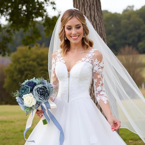 Wedding Bouquets for Bride Bridesmaid 8.5 Inch Dusty Blue Artificial Roses Flowers Bridal Bouquets for Bride Wedding Marriage Proposal Party Church Decoration - color: Blue