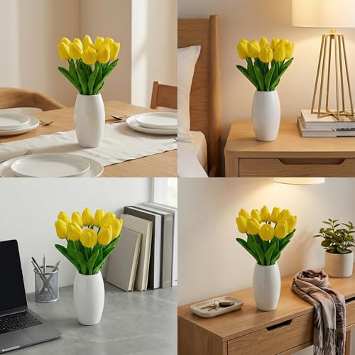 10 Stems Yellow Real-Touch Artificial Tulips with Premium Glazed Ceramic Vase – Modern Farmhouse Table Centerpiece（ Premium Vase+Yellow） - color: Premium Vase+yellow